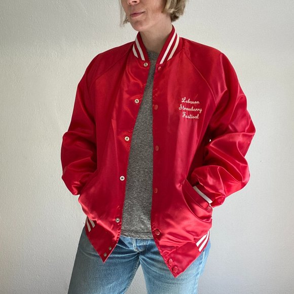 Vintage 80s Red Satin Varsity Jacket Cardinal USA - Picture 7 of 16